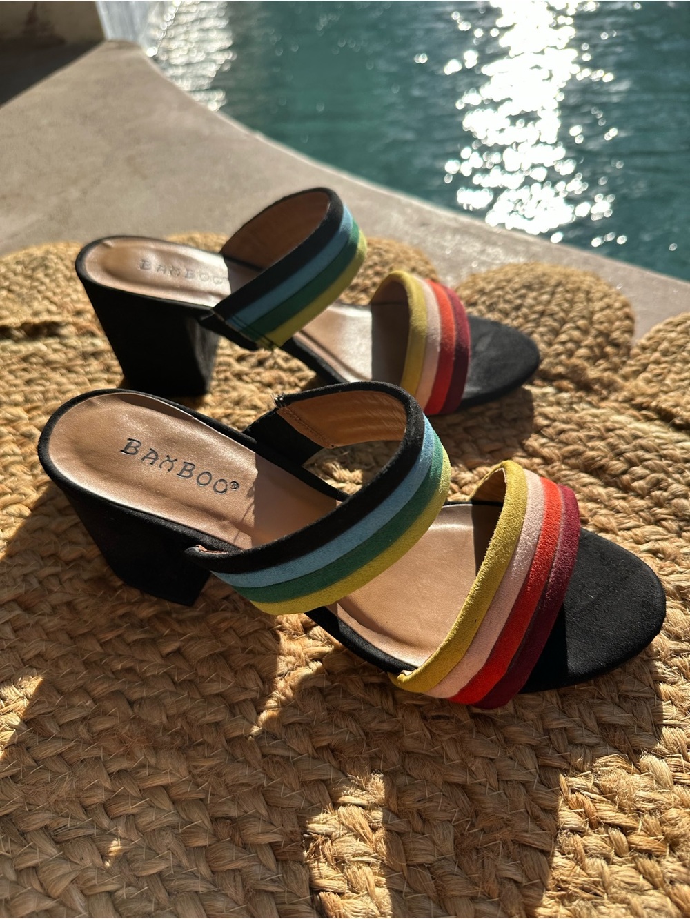 BAMBOO Black Block Heel Sandals with Rainbow Straps